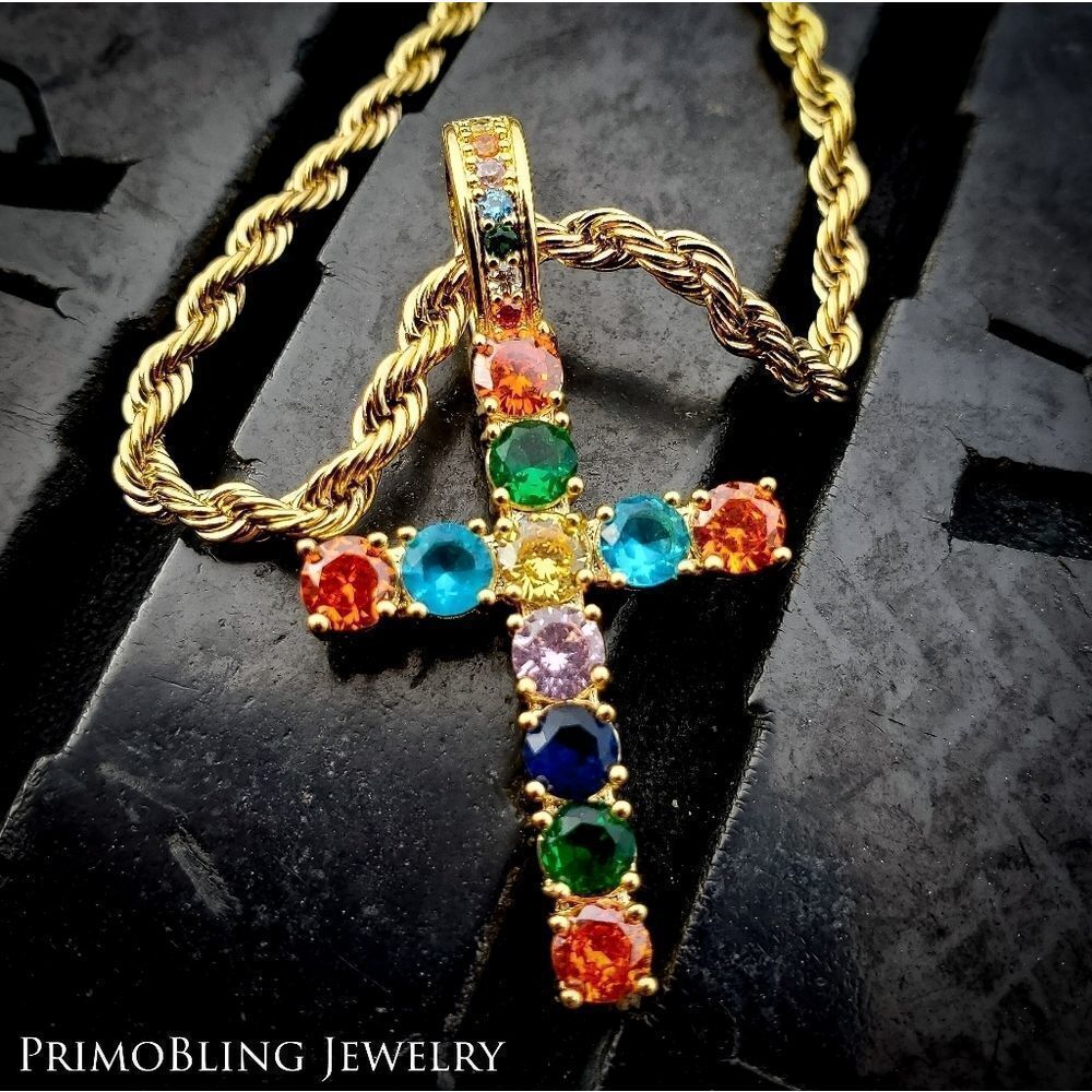 Multicolored Simulated Diamond Cross Necklace - Picture 2 of 4